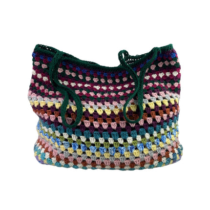 Women's Multicolor Colorful Crochet Knit Granny Striped Shoulder Tote Handbag OS