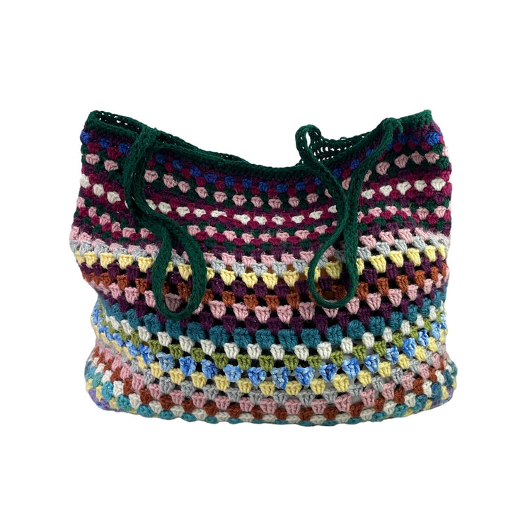 Women's Multicolor Colorful Crochet Knit Granny Striped Shoulder Tote Handbag OS