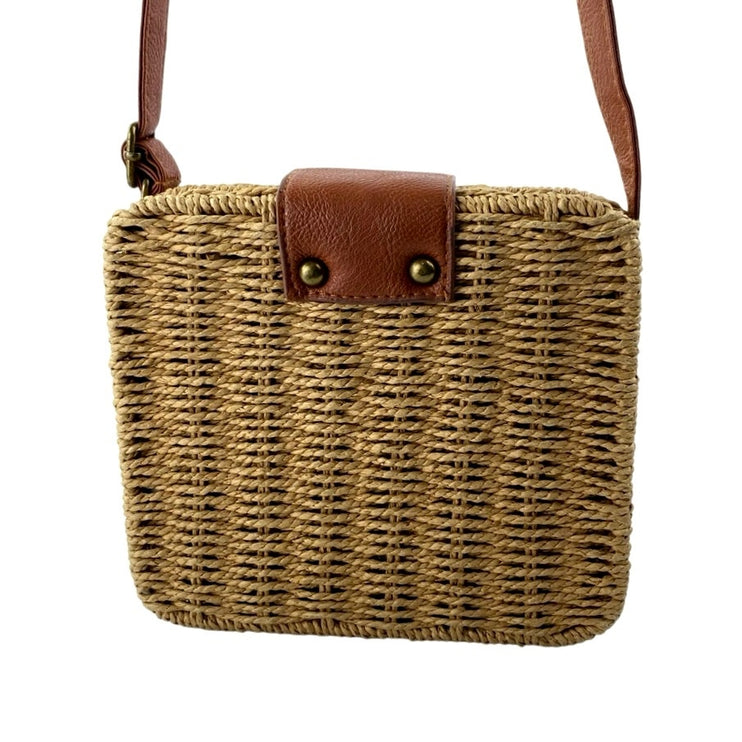 Hoxis Tan Floral Lined Straw Woven Rattan Square Crossbody Boho Bag Handbag OS