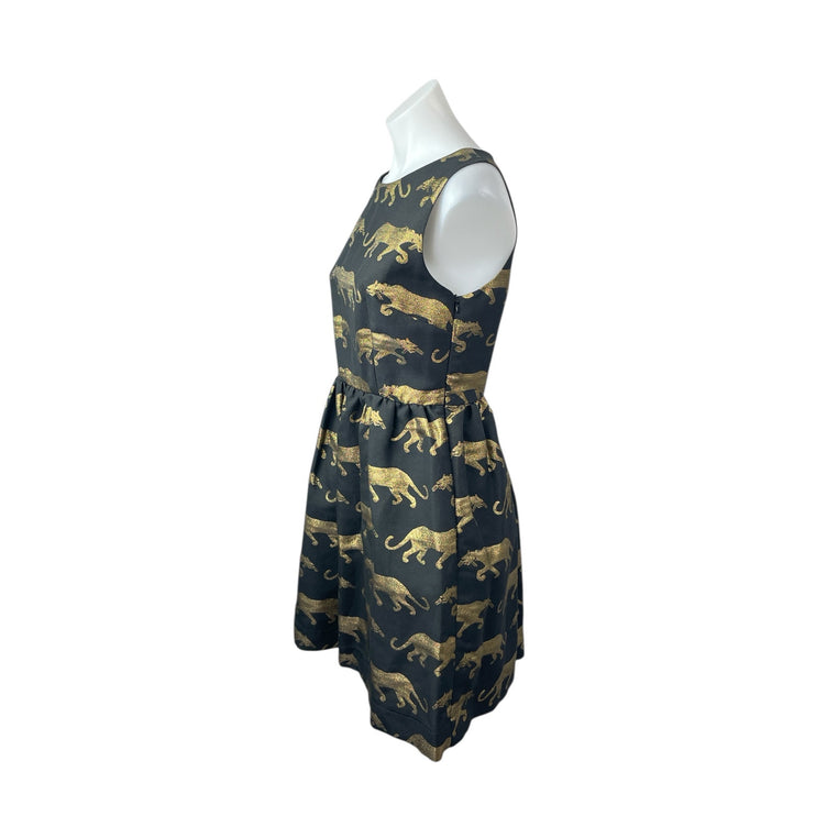 Anthropologie Eyedoll Black Gold Panther Sleeveless Fit & Flare Mini Dress Sz S