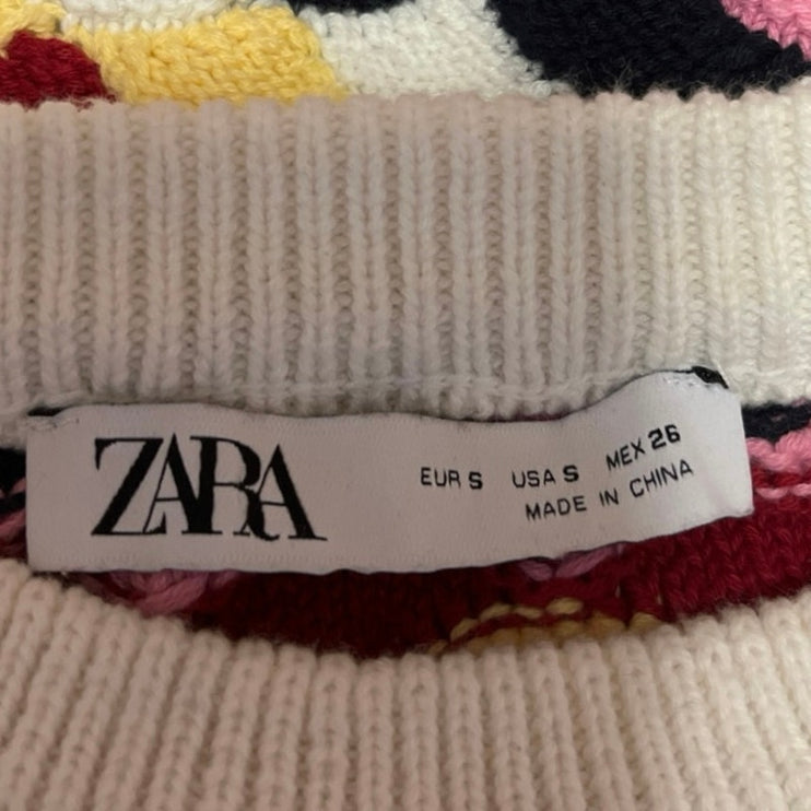 Zara Multicolor Textured Knit Crew Neck Short Puff Sleeve Crop Sweater Top Sz S