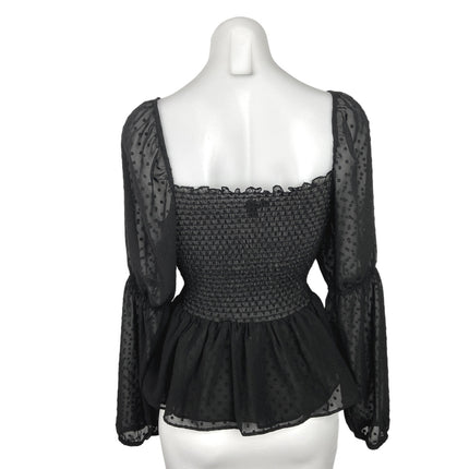 Express Black Sweetheart Swiss Dot Long Sleeve Smocked Peplum Blouse Top Size S