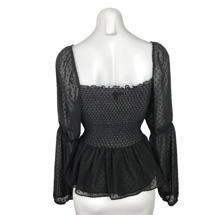 Express Black Sweetheart Swiss Dot Long Sleeve Smocked Peplum Blouse Top Size S