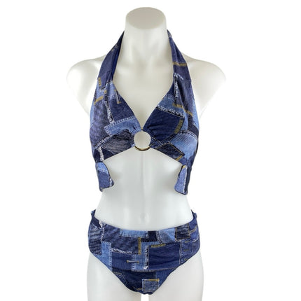 WeWoreWhat Women's Blue Patchworks Halter Two Piece Bikini Swimsuit Swimwear M