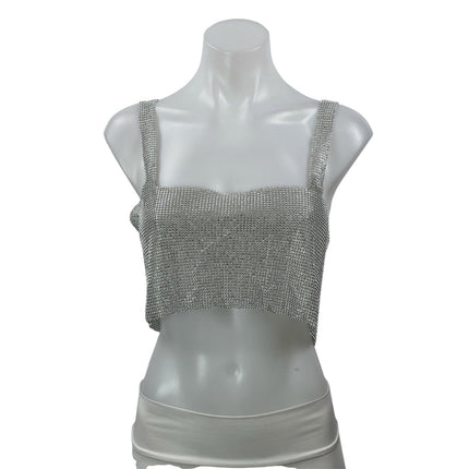 Women's Silver Rhinestone Beaded Sparkly Metallic Sleeveless Crop Top Size S