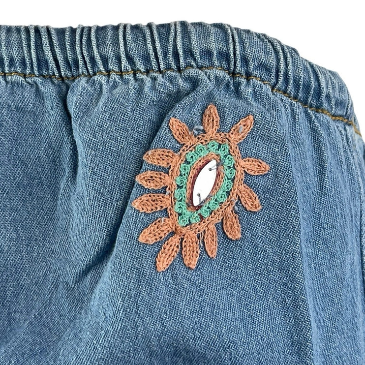 Zara Women's Blue Floral Embroidered Elastic Waist Denim Jeans Maxi Skirt Size S