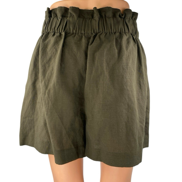 Club Monaco Women's Green Linen Belted High Rise Paperbag Mini Shorts Size 6