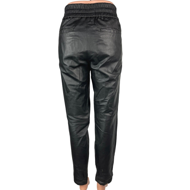 MNG Black Faux Vegan Leather Elastic Waist Pull On Tapered Trousers Pants Size S