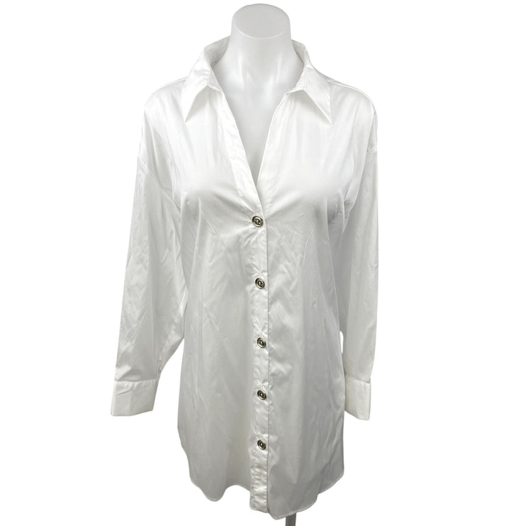 Zara Women's White Silk Satin Long Sleeve Button Down Mini Shirt Dress Size M