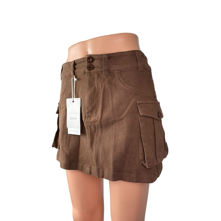 NEW Elleven Women's Brown High Waisted Cargo Utility Mini A Line Skirt Size XL