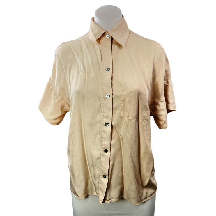 Vince Women's Orange Silk Collared Short Sleeve Button Down Shirt Blouse Top XS
