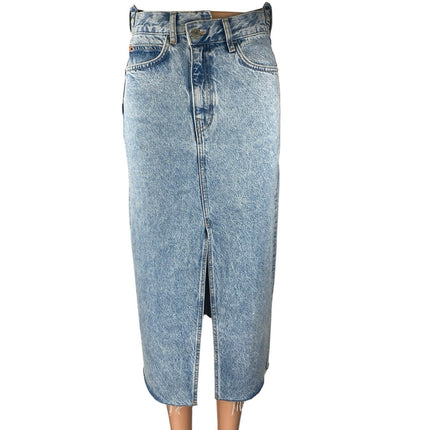 MNG Mango Blue High Waisted Slit Maxi Straight Pencil Denim Jeans Skirt Size XS