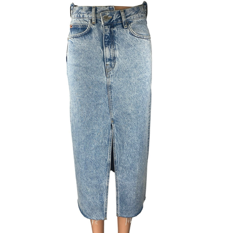 MNG Mango Blue High Waisted Slit Maxi Straight Pencil Denim Jeans Skirt Size XS