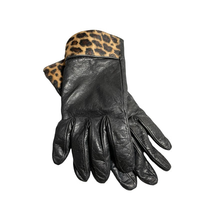 Portolano Women's Black 100% Leather Cashmere Leopard Faux Fur Gloves OS
