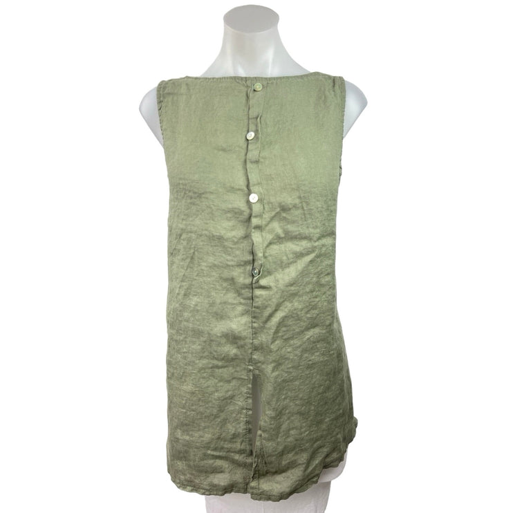 Womens Green 100% Linen Button Front Oversized Lagenlook Boho Tunic Tank Top M