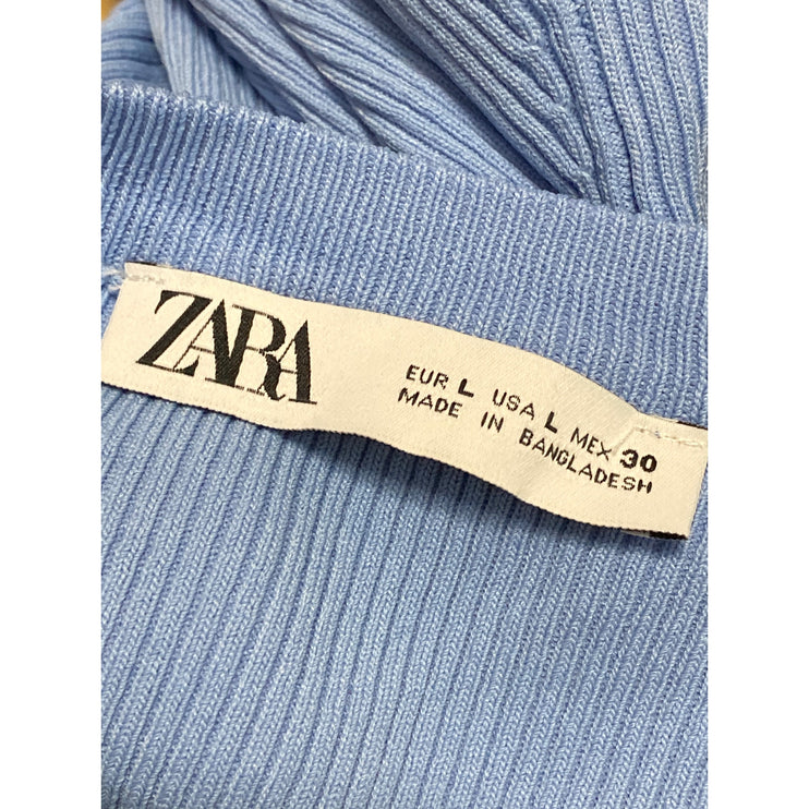 Zara Women's Blue Ribbed Knit Scoop Neck Long Sleeve Slim Fit  Sweater Top Sz L