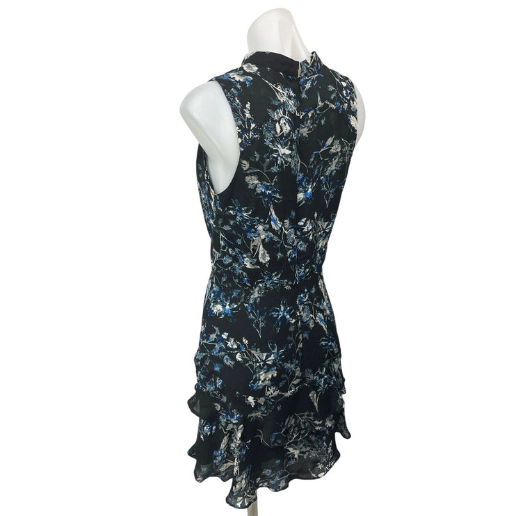 Parker Black Blue Floral Sleeveless Tie Neck Tiered Ruffle Mini Dress Size S