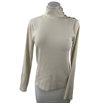 J.Crew Womens Cream Rib Knit Gold Button Turtleneck Long Sleeve Sweater Top Sz M
