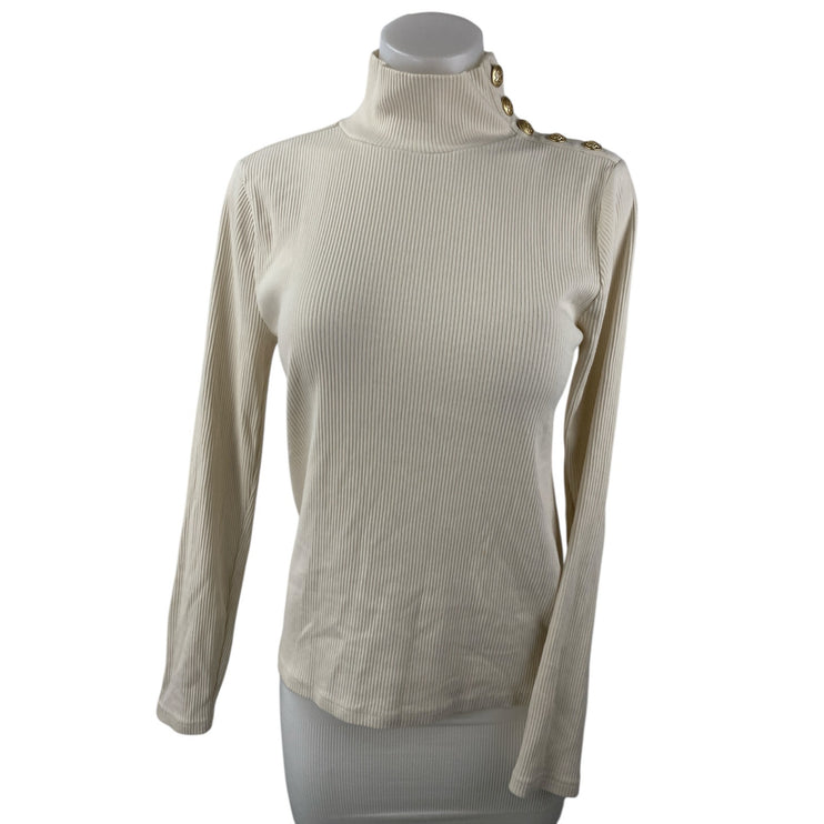 J.Crew Womens Cream Rib Knit Gold Button Turtleneck Long Sleeve Sweater Top Sz M