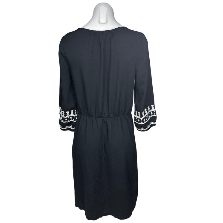 Old Navy Black White Embroidered 3/4 Sleeve Keyhole Neck Blouson Mini Dress Sz M