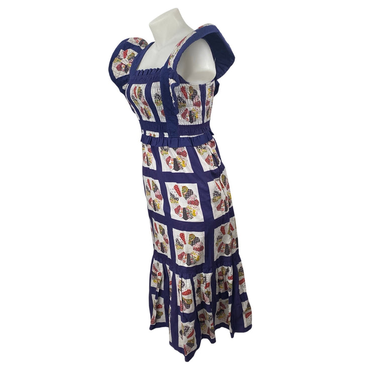 Sea Pippin Blue Floral Patchwork Ruffle Smocked Apron A Line Maxi Dress Size 6