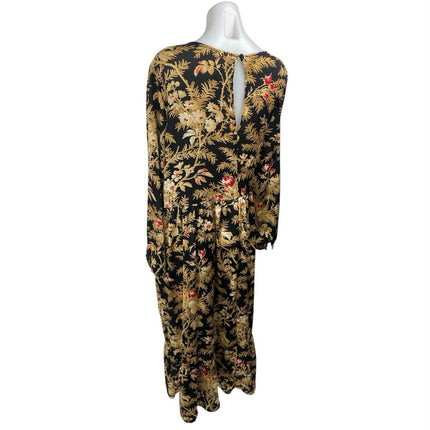 H&M Black Gold Floral Leaf Long Sleeve Tiered Ruffle Maxi Sheath Dress Size L