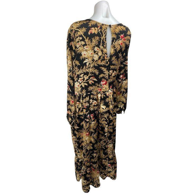 H&M Black Gold Floral Leaf Long Sleeve Tiered Ruffle Maxi Sheath Dress Size L