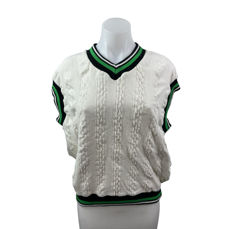 Zara Womens White Cable Knit V Neck Sleeveless Cricket Tennis Sweater Vest Top M