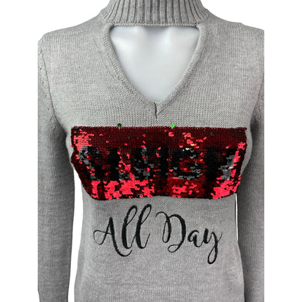 Francesca's Women's Gray Reversible Sequin Mock Neck Cutout Sweater Top Size M