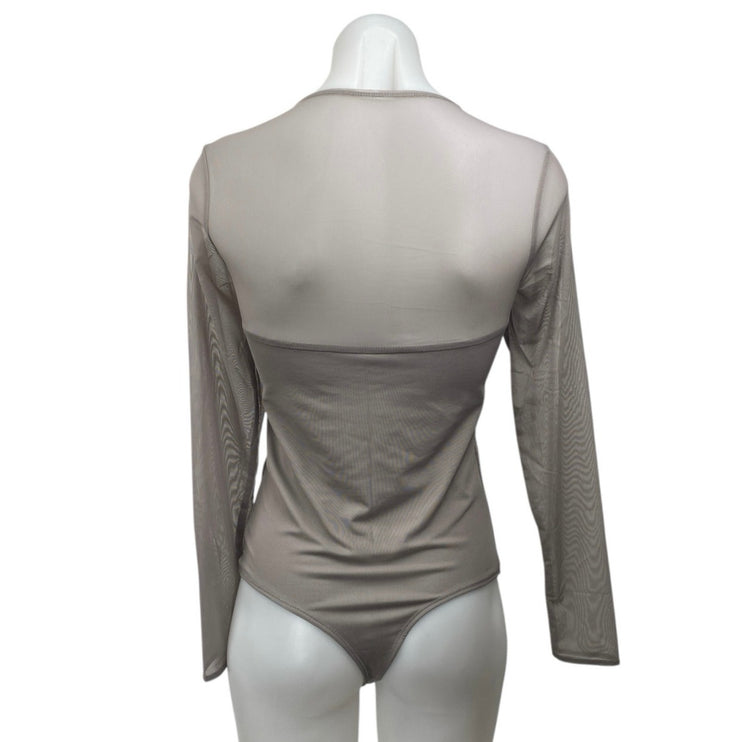 NEW Abercrombie & Fitch Tan Mesh Long Sleeve Square Neck Corset Bodysuit Top M