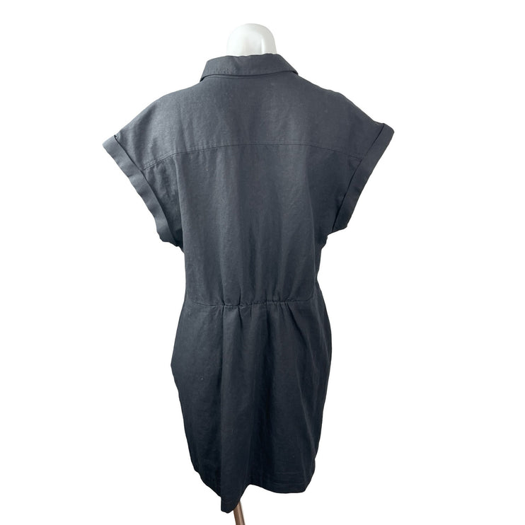 NEW Gap Black Linen Short Drop Sleeve Button Front Collared Mini Shirt Dress L