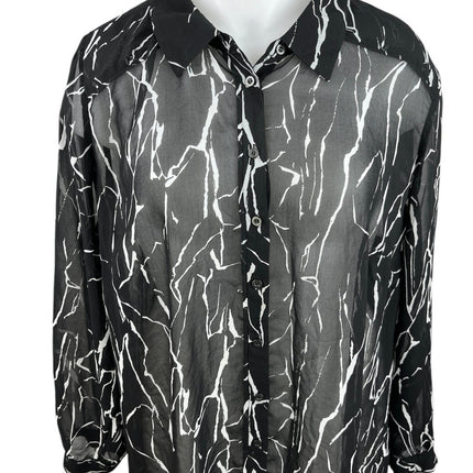 Sejour Black White Chiffon Long Sleeve Sheer Collar Button Down Shirt Top 20W
