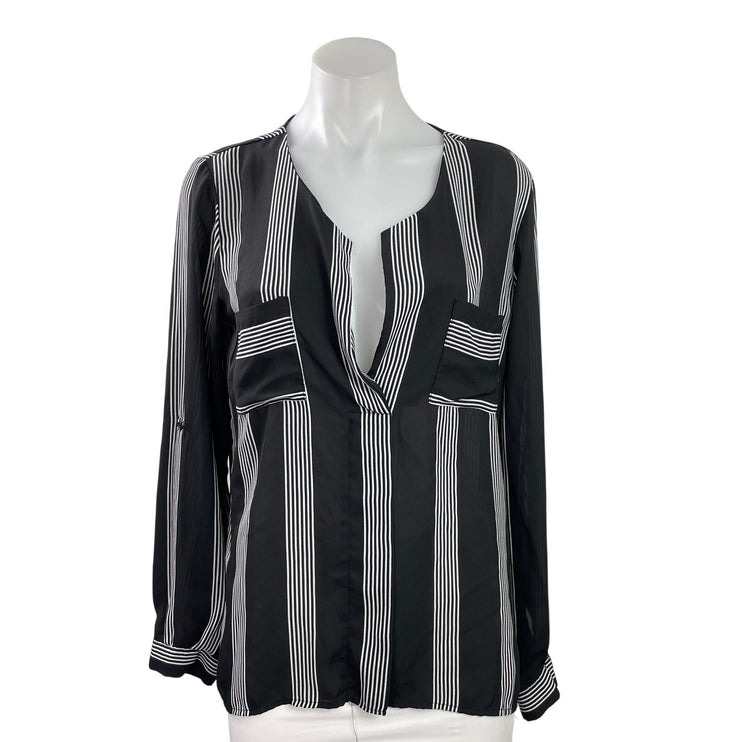 Hippie Rose Womens Black Gray Striped Notch Pocket Long Sleeve Blouse Top Size M