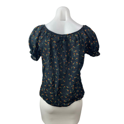 Urban Outfitters Women Black Floral Short Puff Sleeve Keyhole Blouse Top Size XS