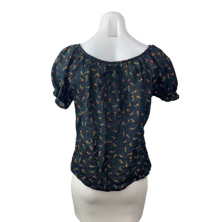Urban Outfitters Women Black Floral Short Puff Sleeve Keyhole Blouse Top Size XS