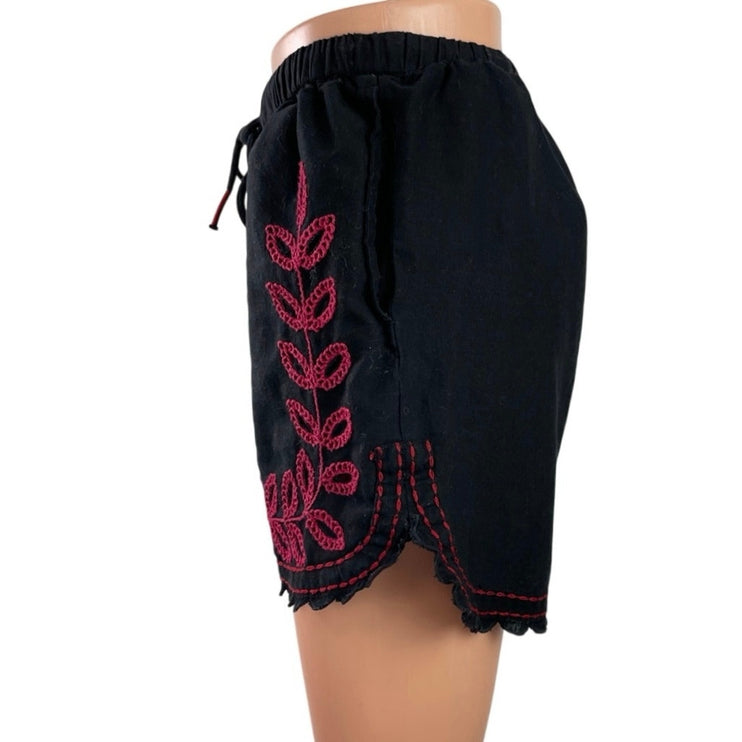 Zara Black High Rise Embroidered Drawstring Boho Lettuce Mini Shorts Size XS