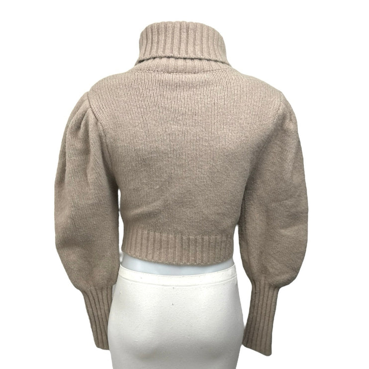 Zara Women's Brown Wool Turtleneck Oversized Puff Sleeve Knit Crop Sweater Top M