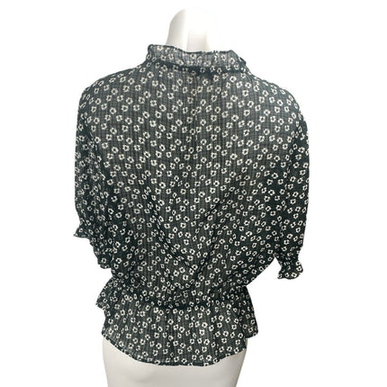 1.State Women's Black Floral Ruffle Neck Short Puff Sleeve Peplum Blouse Top S