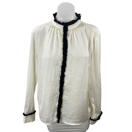 Zara Women's Ivory Ruffled Sheer Flowy High Neck Long Sleeve Shirt Blouse Top L