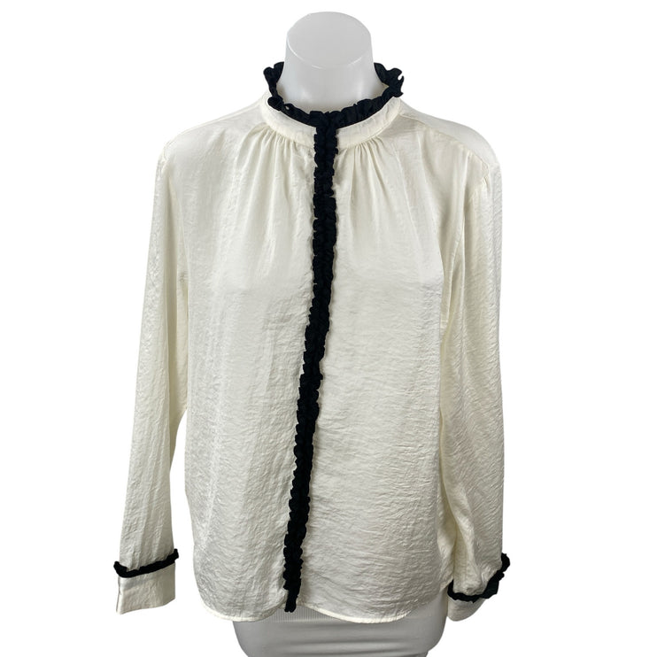 Zara Women's Ivory Ruffled Sheer Flowy High Neck Long Sleeve Shirt Blouse Top L