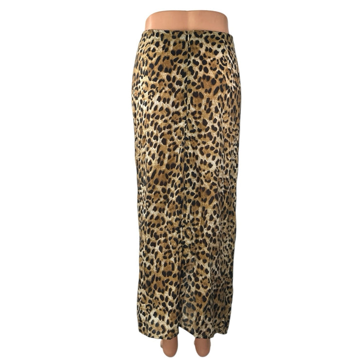 Zara Tan Black Leopard Animal Print Knit Zip Knot Front Midi Slip Skirt Size S