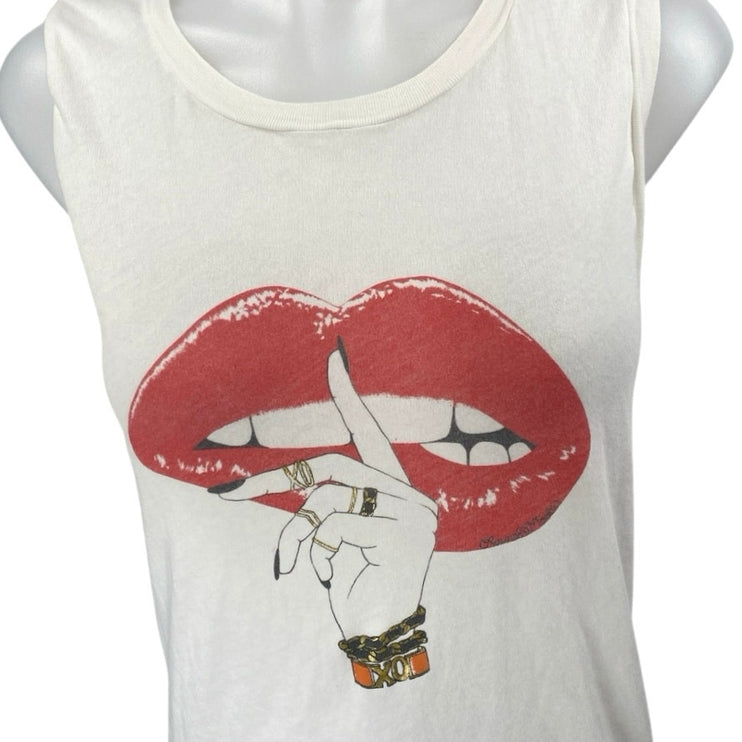 Lauren Moshi Ashlin White Red Lips Graphic Print Sleeveless Cami Tank Top Size L