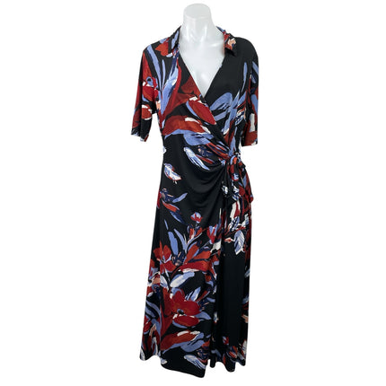 MSK Black Floral Short Sleeve V Neck Collared Tie A Line Maxi Wrap Dress Size L