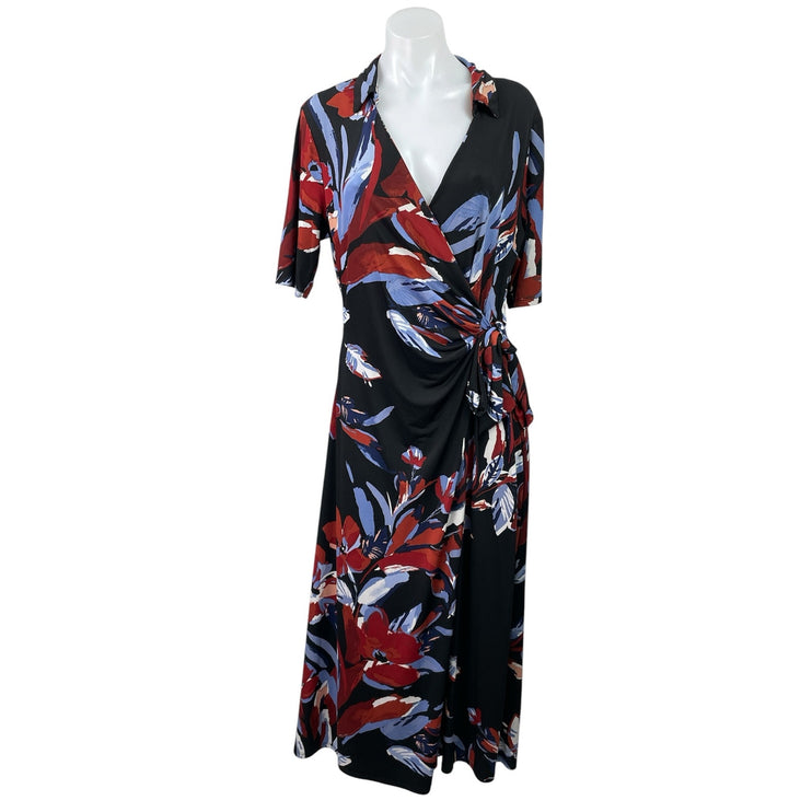 MSK Black Floral Short Sleeve V Neck Collared Tie A Line Maxi Wrap Dress Size L