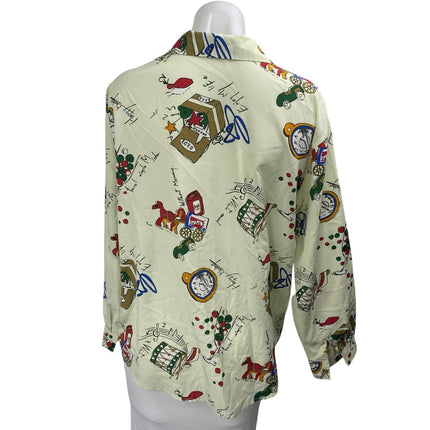 Vassafull Womens Yellow Graphic Print Long Sleeve Button Down Blouse Shirt Top L