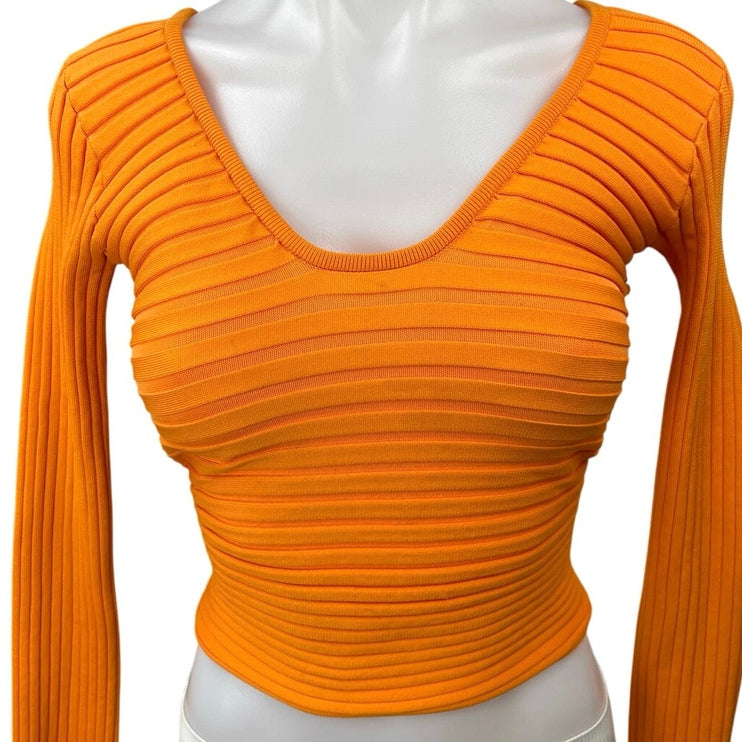 Tibi Orange Ribbed Knit Long Sleeve V Neck Tie Back Cut Out Crop Top Size M