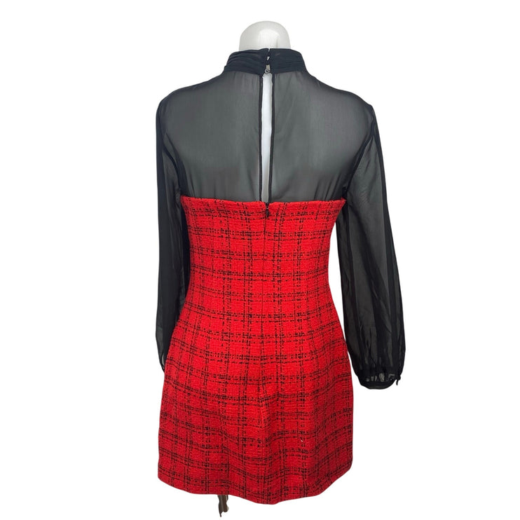 Zara Red Black Mesh Long Sleeve Tweed Mock Neck Plaid Button Mini A Line Dress M