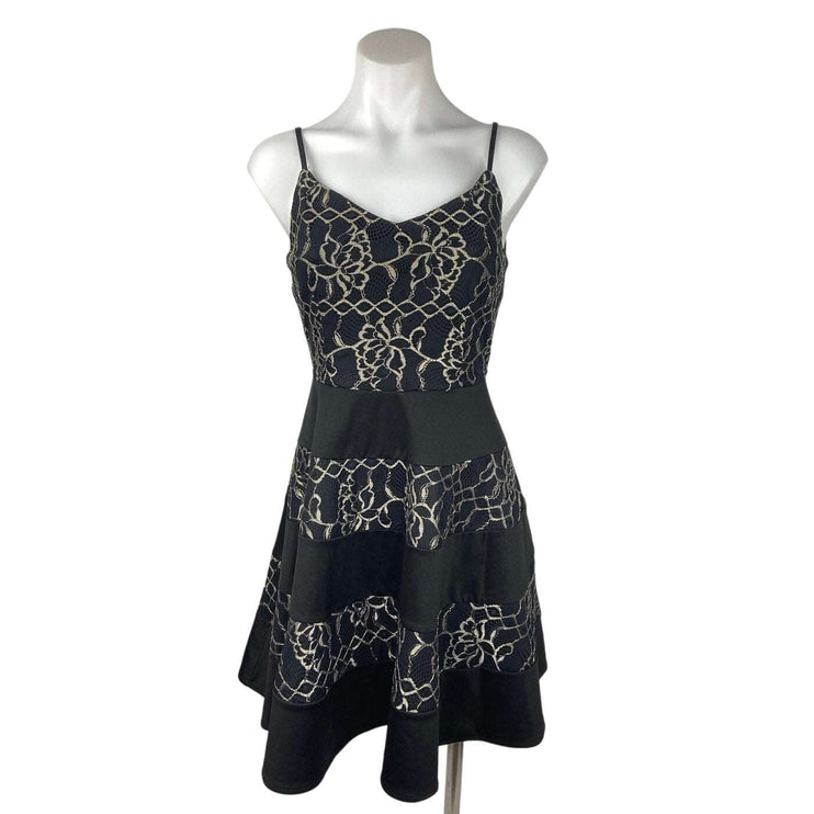 Annabella Black Metallic Lace Trim Satin Sleeveless Fit & Flare Mini Dress Sz S