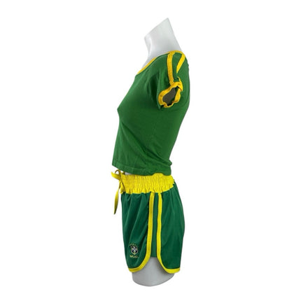 Pierim Women's Green Brazil Flag Short Sleeve Crop Tee Shorts 2 Piece Set Size S