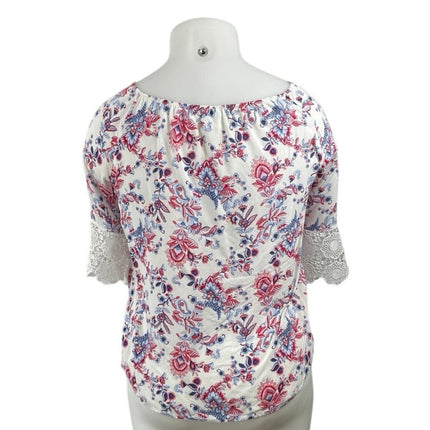 Soho Botanical Floral Lace Trim Bell Sleeves Tunic Peasant Popover Blouse Top XL
